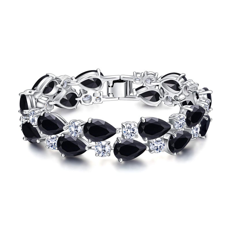 EVER FAITH Women's Prong Cubic Zirconia Vintage Style Dual Layer Tear Drop Bracelet Black Silver-Plated-Brass - Image 1